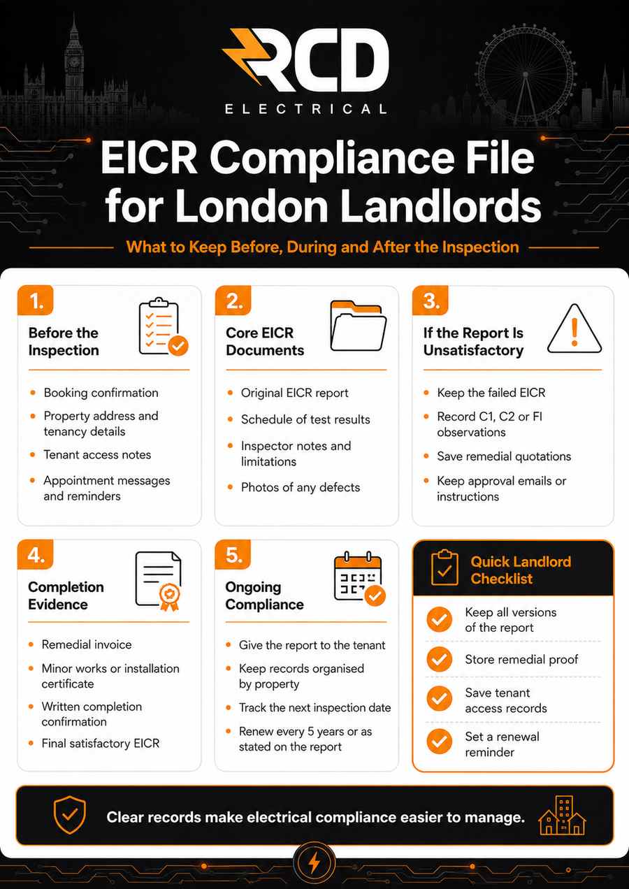 EICR Compliance File for London Landlords infographic by RCD Electrical